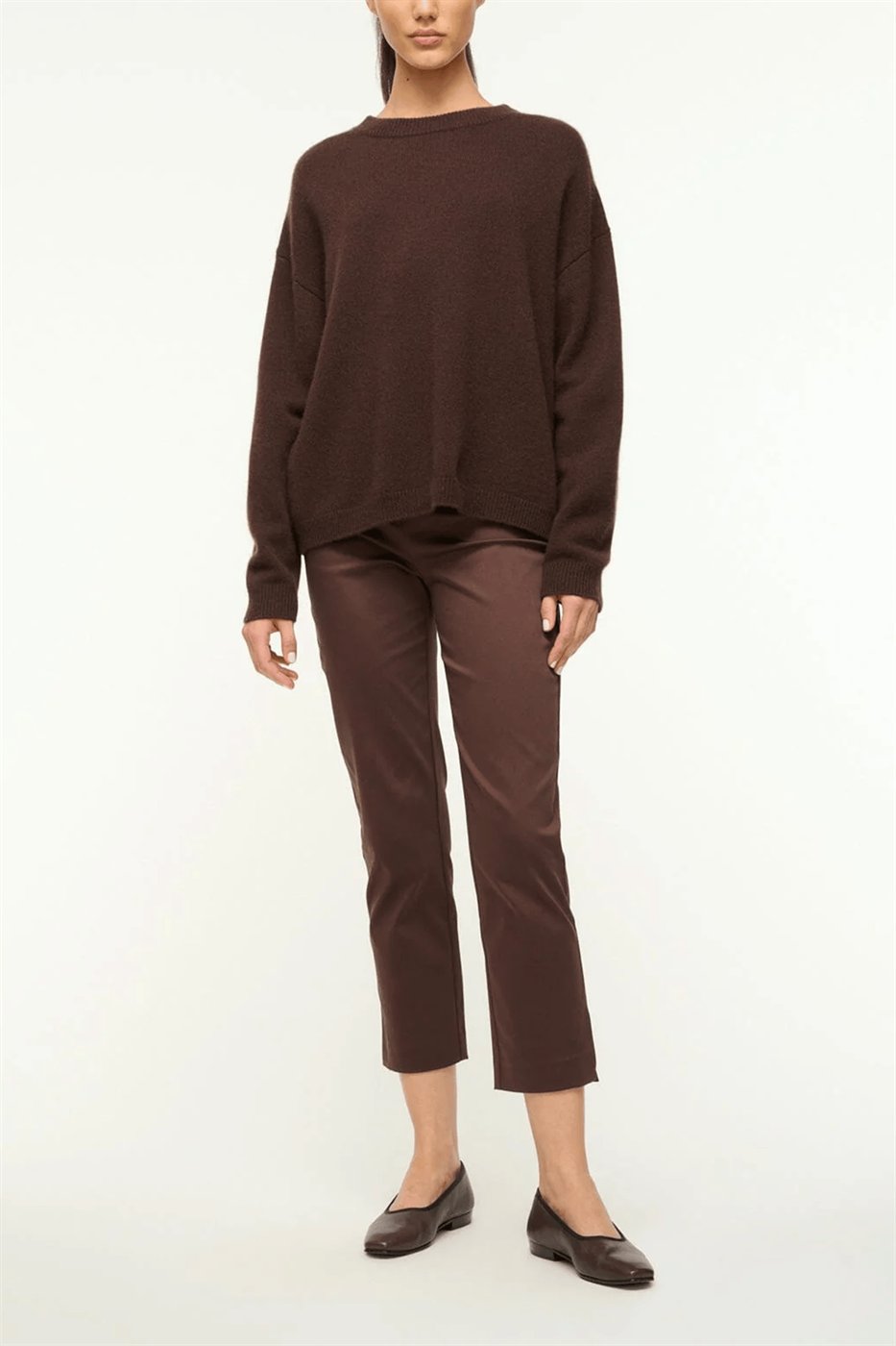 Dark chocolate cashmere sweater worn with clean styling