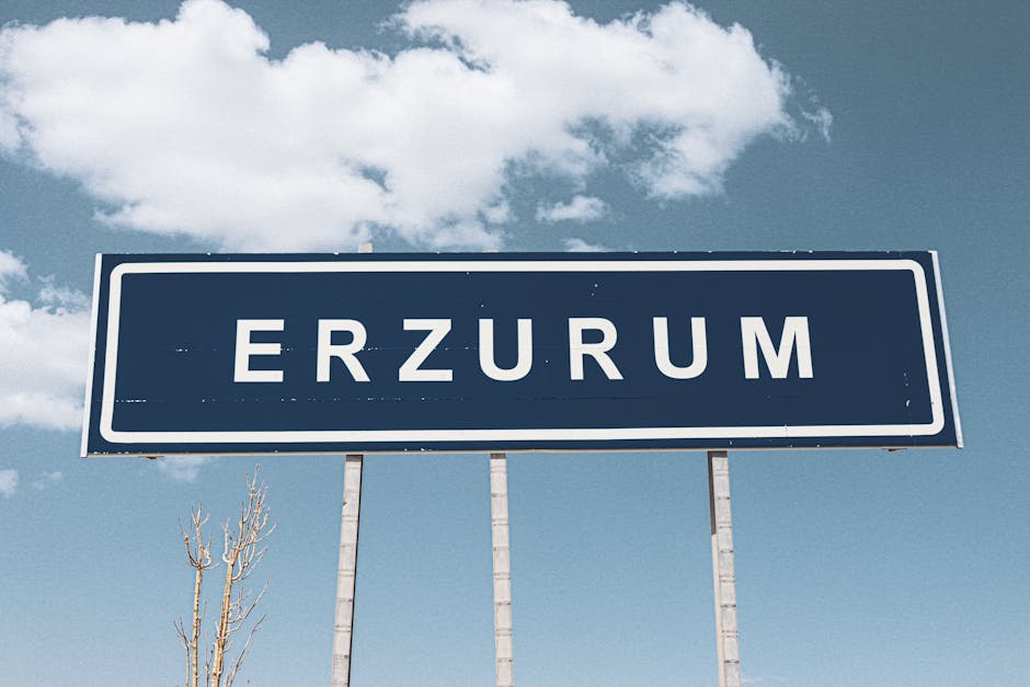 Street sign for Erzurum against a backdrop of a bright blue sky and fluffy clouds.