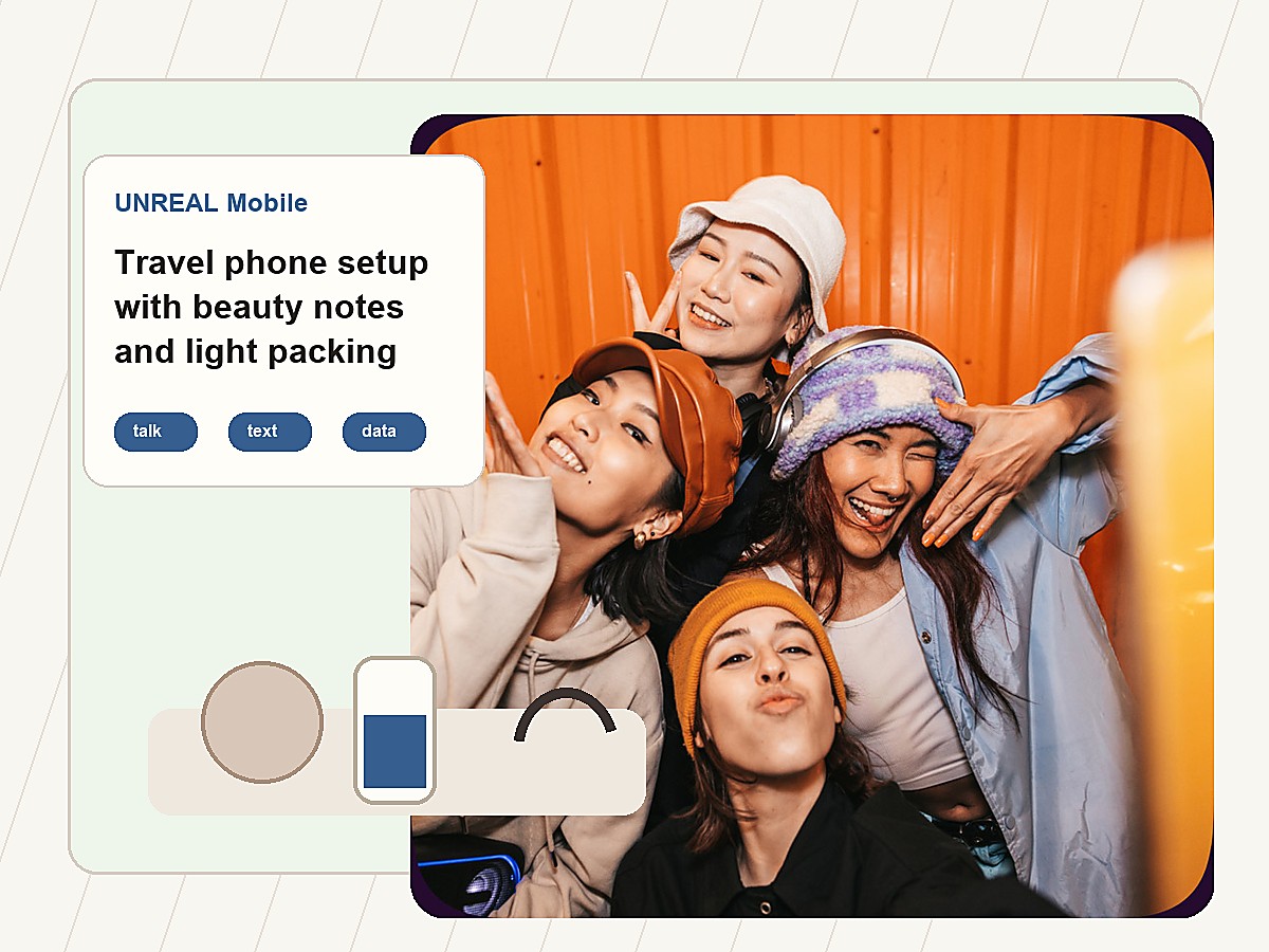 Travel phone setup with beauty notes and light packing