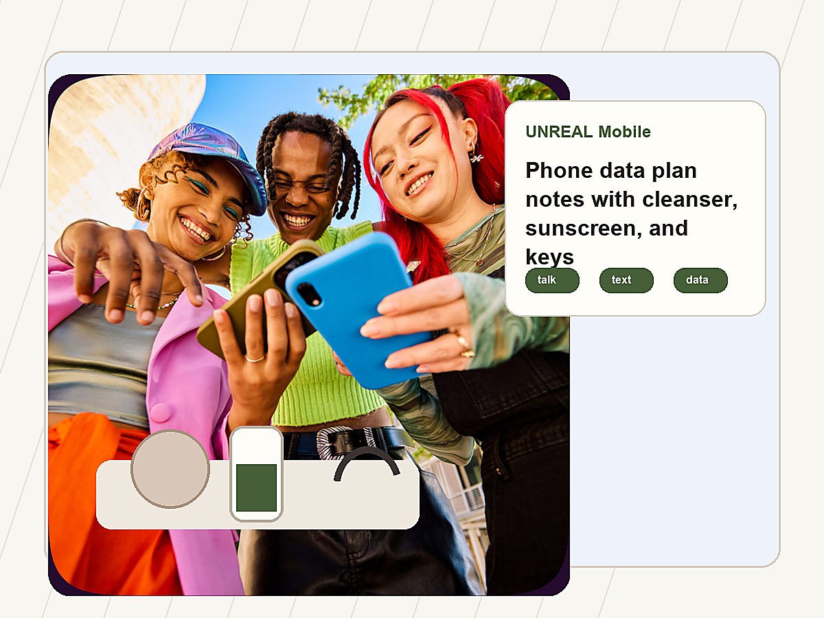 Phone data plan notes with cleanser, sunscreen, and keys